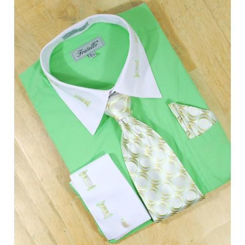Fratello Lime Green / White Laced Spread Collar And French Cuffs Shirt/Tie/Hanky Set  FRV4105P2